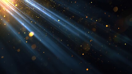 Abstract light rays with glowing lens flare and bokeh effects on a black background, creating a shimmering, magical glow suitable for overlays and design accents.