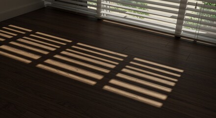 Serene Sunlight Stripes: Abstract Window Blind Shadow on Dark Wood Floor