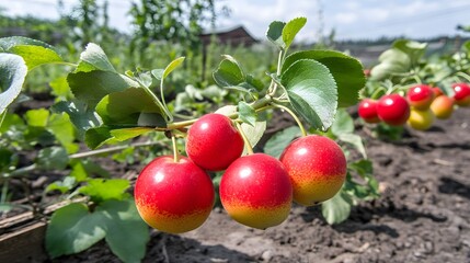 Obraz premium Vibrant Red Apples on Branch in Orchard Setting