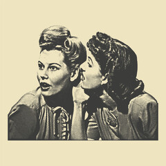 Vintage halftone illustration of two women gossiping, one whispering while the other listens with surprise.