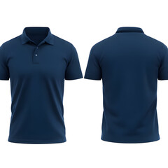 Front/back views of a navy short-sleeved polo shirt on black