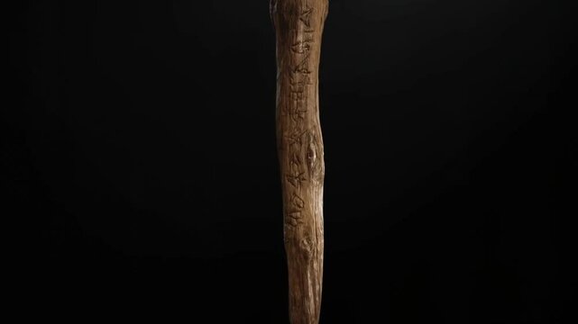 Enchanted Staff Pulse: A weathered wooden staff pulses gently with magical light, glowing faintly against a black void—evoking ancient sorcery.