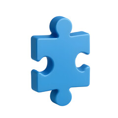 Glossy, single, blue puzzle piece shown against a black backdrop in a 3D rendering