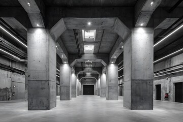 Vibrant monochrome geometric concrete pillars industrial interior scene  
