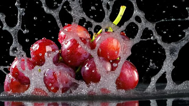 Bursting Cherries: A captivating shot of ripe cherries, splashed and enlivened by water droplets, reveals the freshness and juicy interior of this delightful fruit.