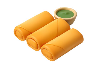 Spring rolls presented with a green sauce in a beige bowl