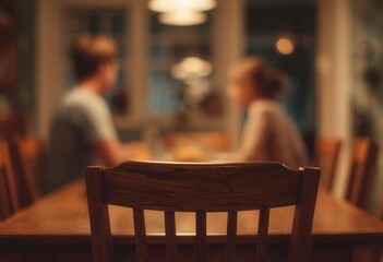 Close-up of an empty chair at a dining table, with a family at the far end and a young couple enjoying dinner in a warm, inviting atmosphere.