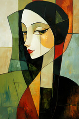 Abstract Cubist Portrait of a Stylish Woman with Vibrant Geometric Patterns featuring a striking artwork of a woman’s face