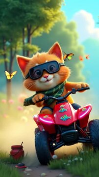 Adorable Cartoon Cat Riding a Red ATV in Sunny Forest Trail with Butterflies and Joyful Expression