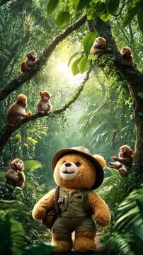 Adorable Teddy Bear Explorer Surrounded by Playful Monkeys in Lush Jungle Scene