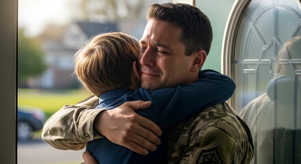 A soldier hugging his child tightly with tears in his eyes at the door