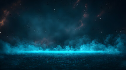 Obraz premium Ethereal Cosmic Landscape with Glowing Blue Mist and Distant Starry Nebula