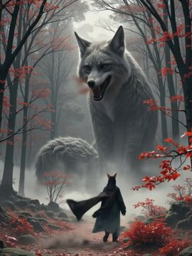 Enchanted Autumn Forest with Mysterious Hooded Girl Facing a Giant Gray Wolf Amid Red Leaves and Morning Fog in a Fantasy Woodland