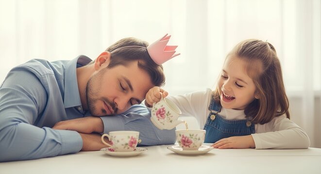 Little girl pouring tea for sleeping father wearing a pink crown toy