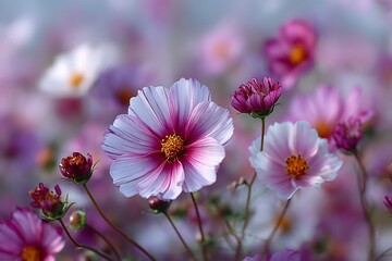 Fototapeta premium Elegant cosmos flower field pink white soft light view 