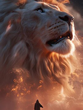Majestic Fiery Lion Forming from Celestial Clouds Above a Lone Wanderer in a Mystical Desert Night Scene with Cosmic Atmosphere