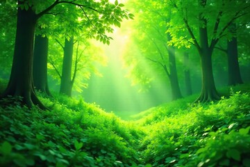 Serene Dappled Sunlight Filtering Through Lush Green Forest Canopy Peaceful Nature Scene Perfect for Wellness and Eco Projects