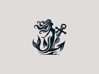 Minimalist mermaid silhouette wrapped around anchor vector logo for tattoo studios