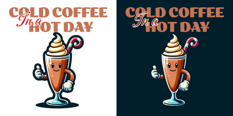 Cold Coffee on Hot Day: A whimsical cartoon illustration features a cheerful cold coffee character giving a thumbs up, perfect for a hot day refreshment.