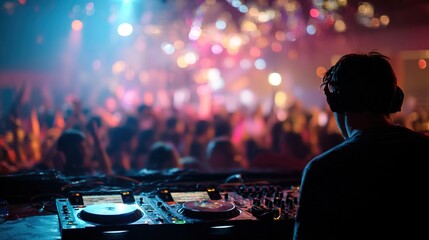 A DJ skillfully mixes tracks at a crowded electronic dance music event, surrounded by colorful lights and an energetic audience dancing and enjoying the music. High quality