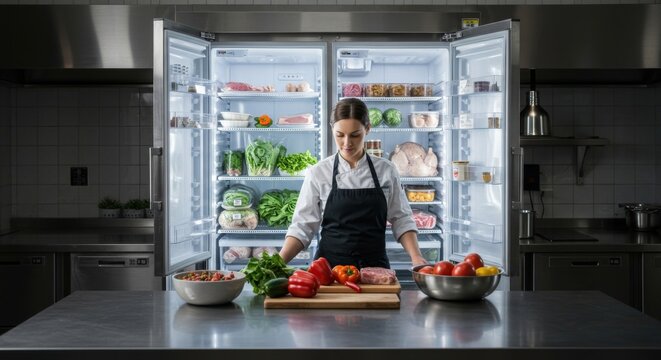 Chef in Commercial Kitchen with Open Fridge, Vegetables, Meat, and Professional Equipment.