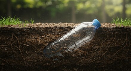 Obraz premium Plastic bottle buried in soil, illustrating environmental pollution and waste management issues in nature.