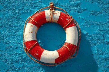 Bright red white lifebuoy blue background safety symbol view  

