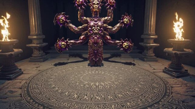  Divinit&eacute; tentaculaire en pose rituelle dans un temple enflamm&eacute;