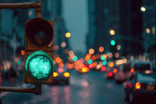 Green traffic light illuminating a busy New York City street at night, surrounded by cars and bokeh lights, capturing the essence of urban life and the flow of traffic.