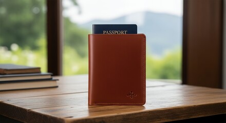 Brown Leather Passport Holder on Wooden Table