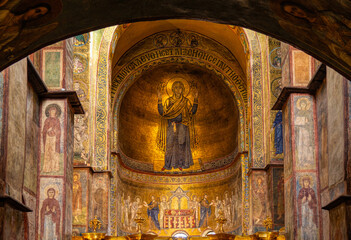 Beautiful fresco painting on the ancient orthodox church in Kyiv, Ukraine. Icons of St. Mary and saints	
