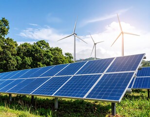 Solar Panels with Wind Turbines on Sunny Day