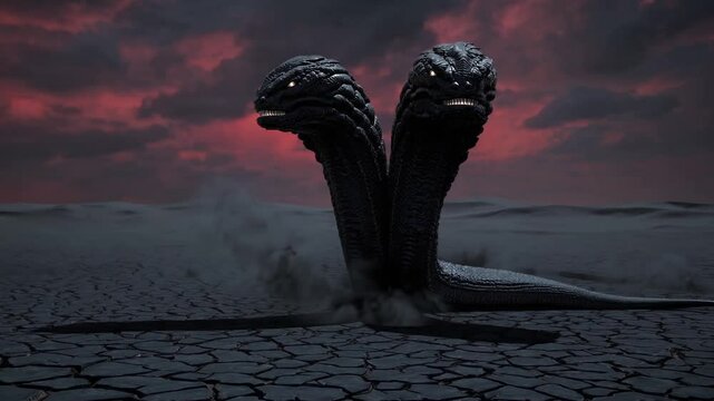  Hydra bic&eacute;phale surgissant d&rsquo;un sol craquel&eacute; au cr&eacute;puscule