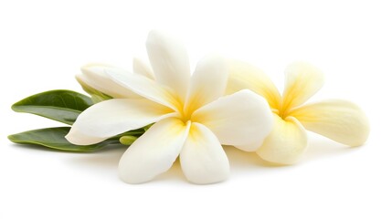 Naklejka premium Closeup of Two Beautiful White Plumeria Flowers with Green Leaves