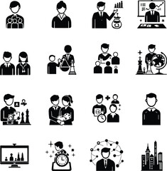 Fototapeta premium Business people management strategy team leadership finance chess time global network vector icons set