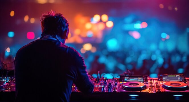Vibrant nightclub dj in action with colorful stage lights. High quality