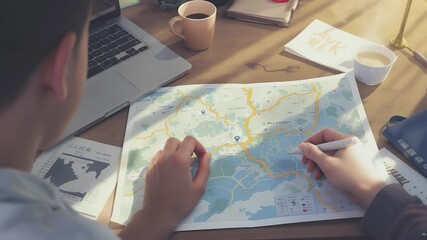 Planning an Adventure: A person meticulously plans a journey, tracing routes on a detailed map. Sunlight streams in, illuminating the scene, emphasizing the excitement of upcoming travel.