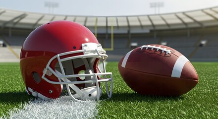 American Football Helmet and Ball on the Field