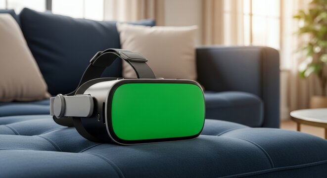 Virtual Reality Headset on Sofa Green Screen Mockup