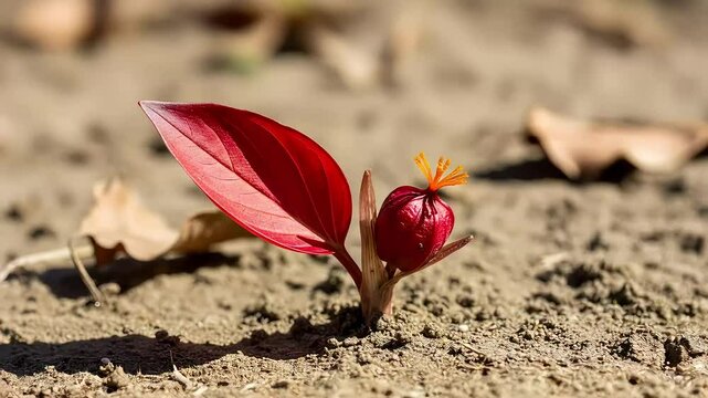 Small poisonous sprout with red leaf and bud emerges from dry soil, isolated in desert-like environment. Close-up macro nature photography. Concept toxic flora, survival, botanical danger.