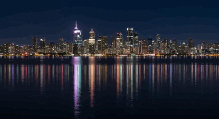 Obraz premium Cityscape reflections: Hong Kong's skyline illuminated on the waterfront at night