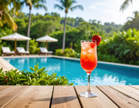 A refreshing strawberry cocktail sits on a wooden table overlooking a luxurious pool surrounded by lush greenery and palm trees.