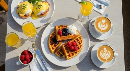 Delicious Brunch Waffles, Eggs Benedict, and Mimosas