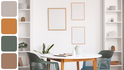 Table with chairs, shelving units and frames on white wall in room. Different color patterns