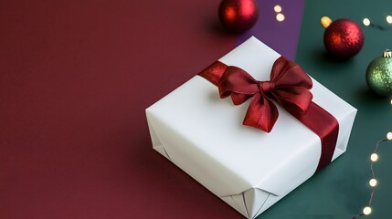 Elegant White Gift Box with Red Bow Christmas Present