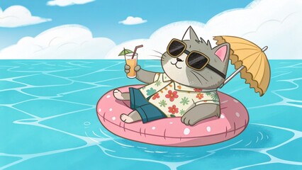 Enjoying summer vacation with cool cat cartoon on an inflatable in blue water, under a parasol, sipping a tropical drink.