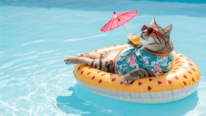 Relaxing tabby cat floats on a pool tube with drink and sunglasses enjoying a sunny summer vacation.
