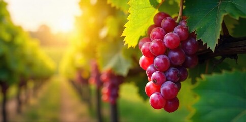 Sunlit Ripe Red Grapes Hanging in Autumn Vineyard, Ready for Harvest.  Abundant Clusters Gleam Amongst Lush Green Foliage, a Bountiful Countryside Scene.