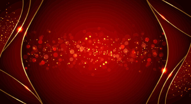 Elegant red and gold abstract background with bokeh effect and decorative lines