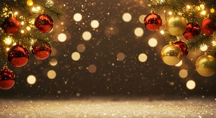 Festive Christmas Background with Red and Gold Ornaments, Sparkling Lights, and Glittering Snow